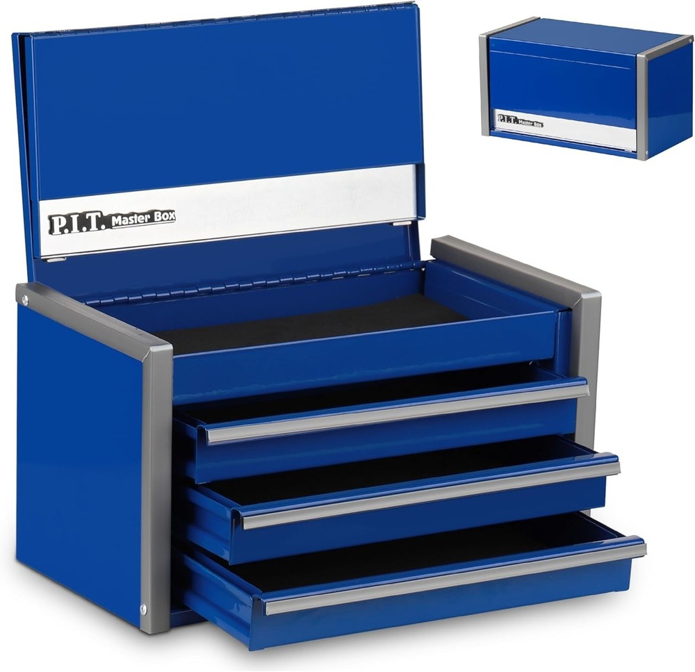 P.I.T. Mini Blue 3-Drawer Steel Tool Box with Magnetic Tab - Portable & Compact