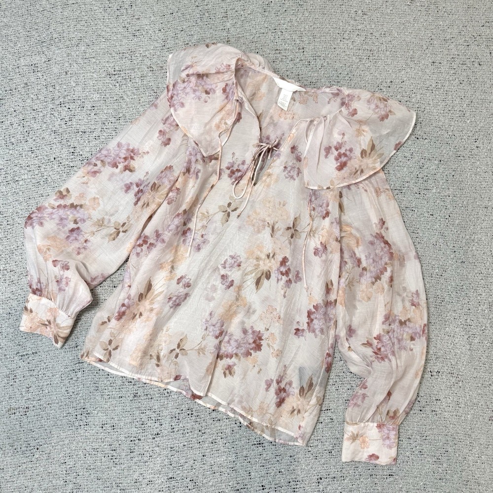 H&M Floral Blouse Size S Romantic Sheer Peasant Top Tie Neck Lyocell Pink Boho