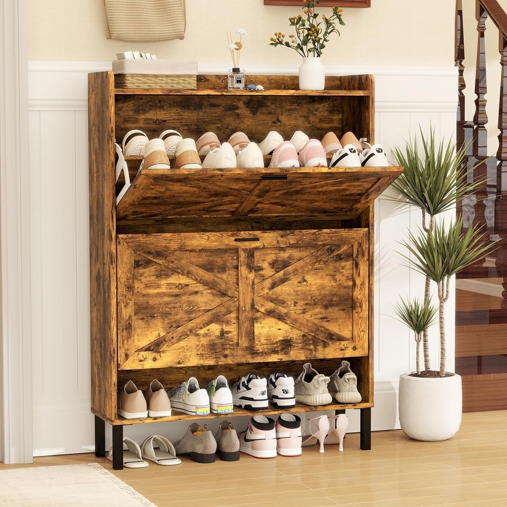Wooden Shoe Storage Cabinet with 2 Flip Drawers - Freestanding Shoe Organizer