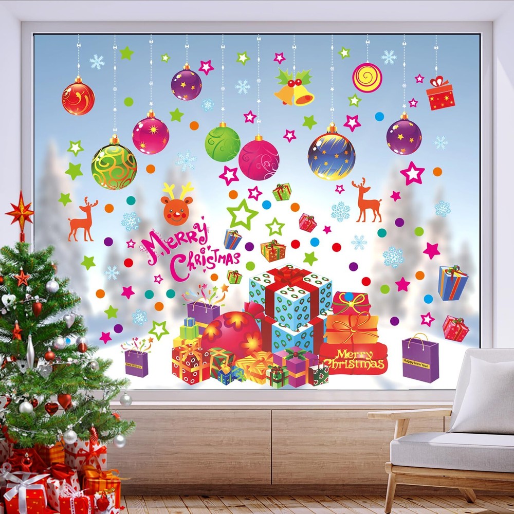 Christmas Window Clings, 118PCS Christmas Ball Snowflake Gift Box Window Stic...