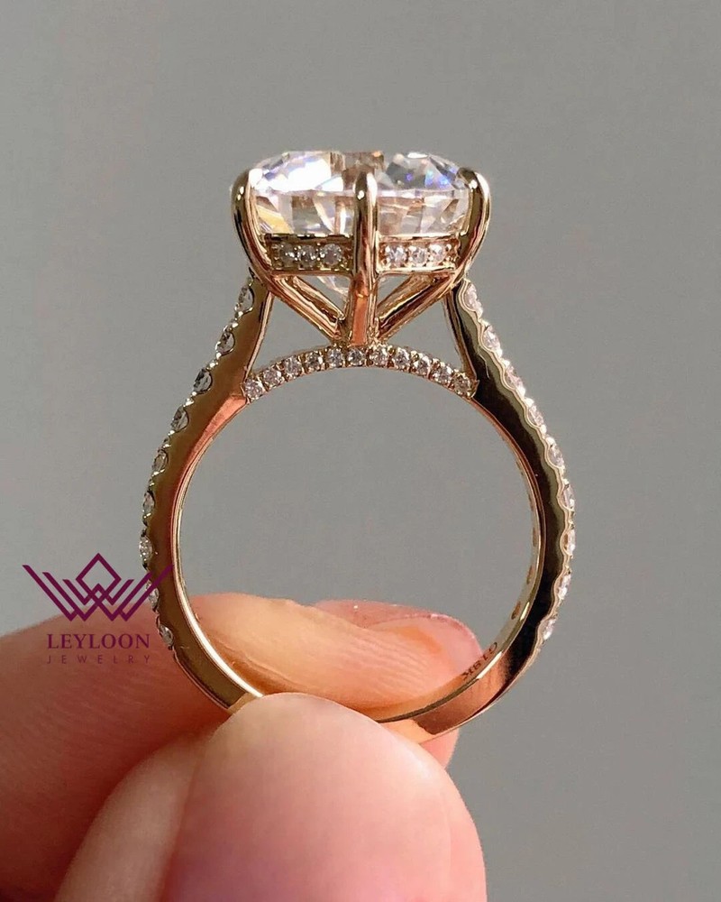 Round Cut Halo Cathedral D Color 14K Rose Gold Moissanite Ring