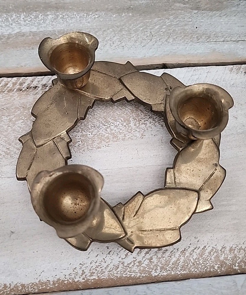 Vintage Brass Christmas Wreath Candle Holder Holiday Decor