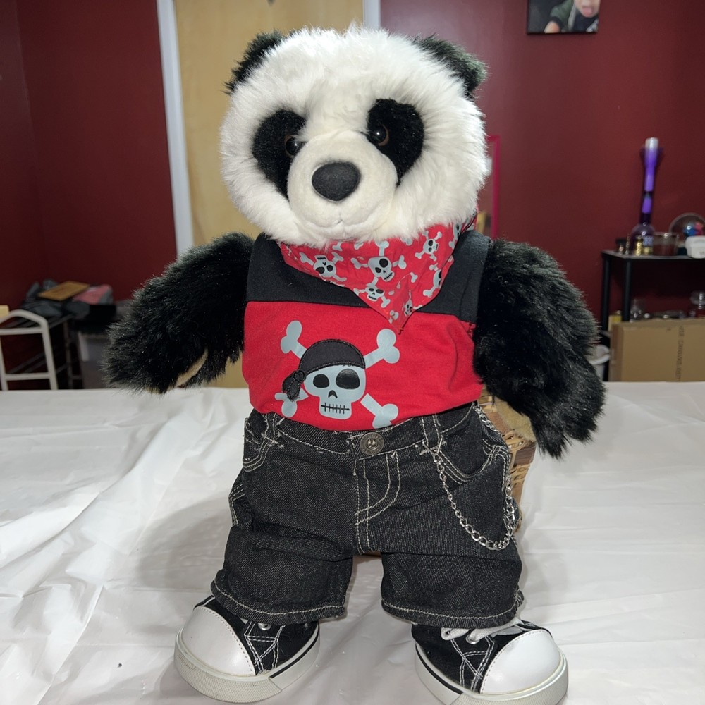 Realistic Black Shaggy Panda Plush Teddy by Build-A-Bear Fully Clothed