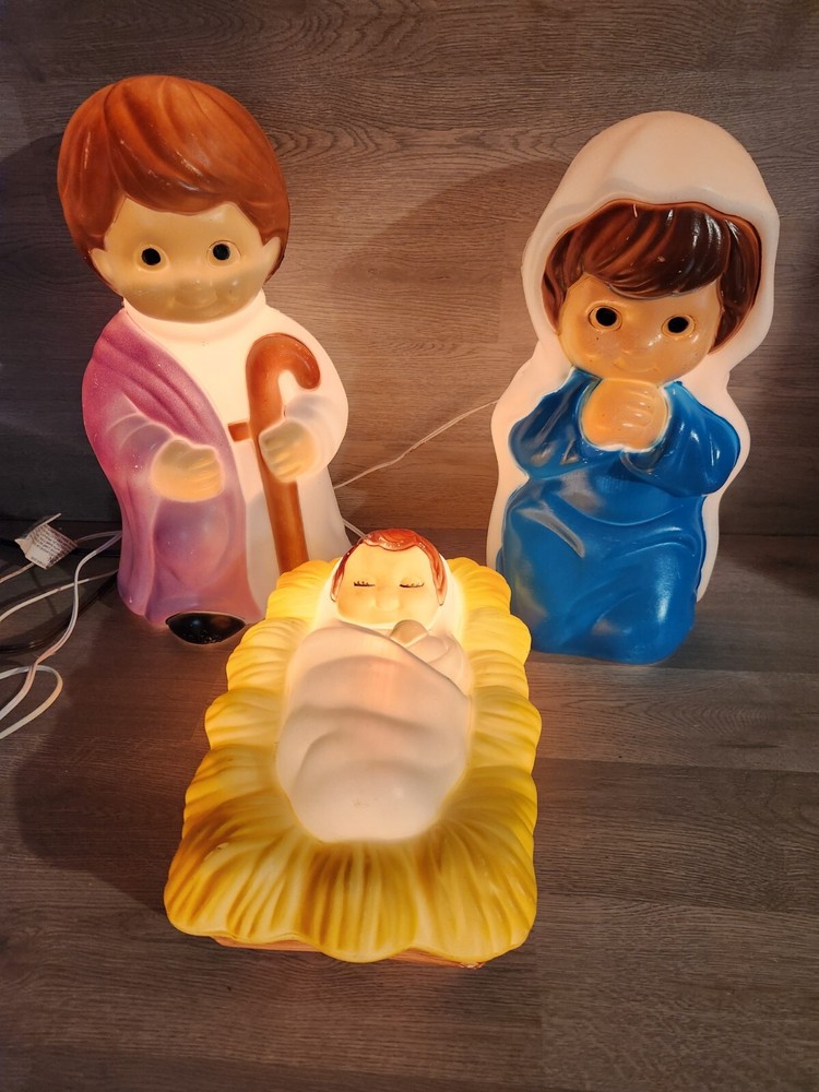 Empire Blow Mold  Lighted Child Nativity 3pc Set Christmas Joseph Mary & Jesus