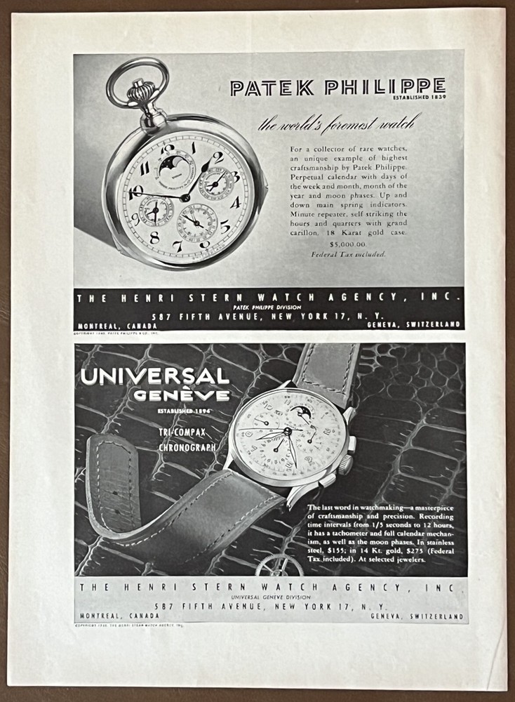 1946-47 Patek Philippe and Universal Geneve PRINT AD Henri Stern Watch Agency