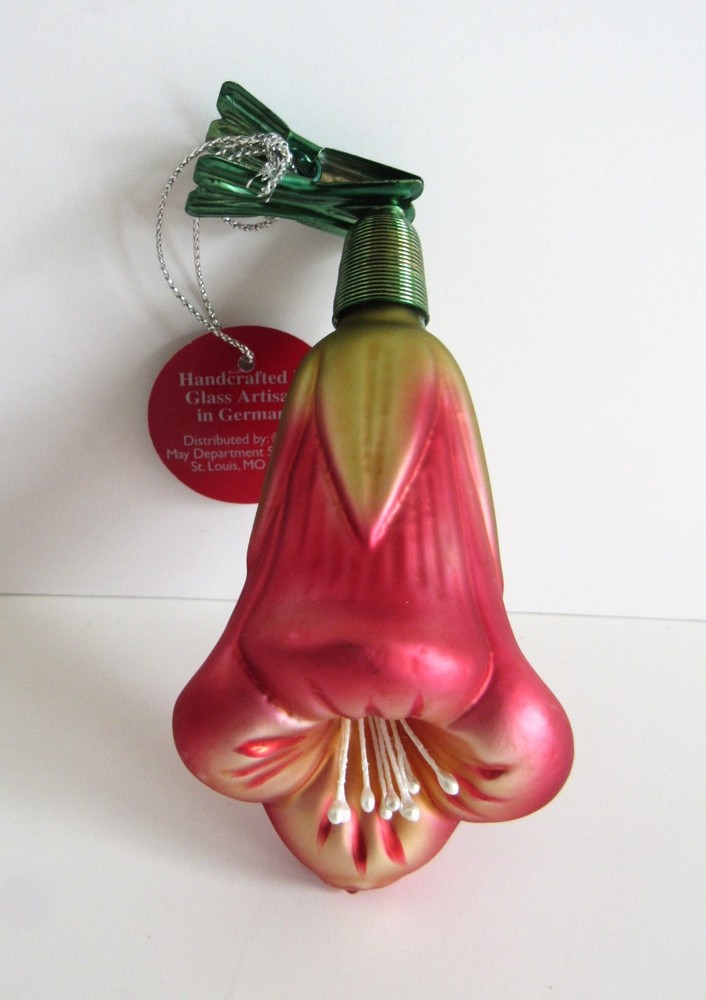 Vintage Clip-on German Glass Christmas Ornament - Blooming Flower Bud - EUC