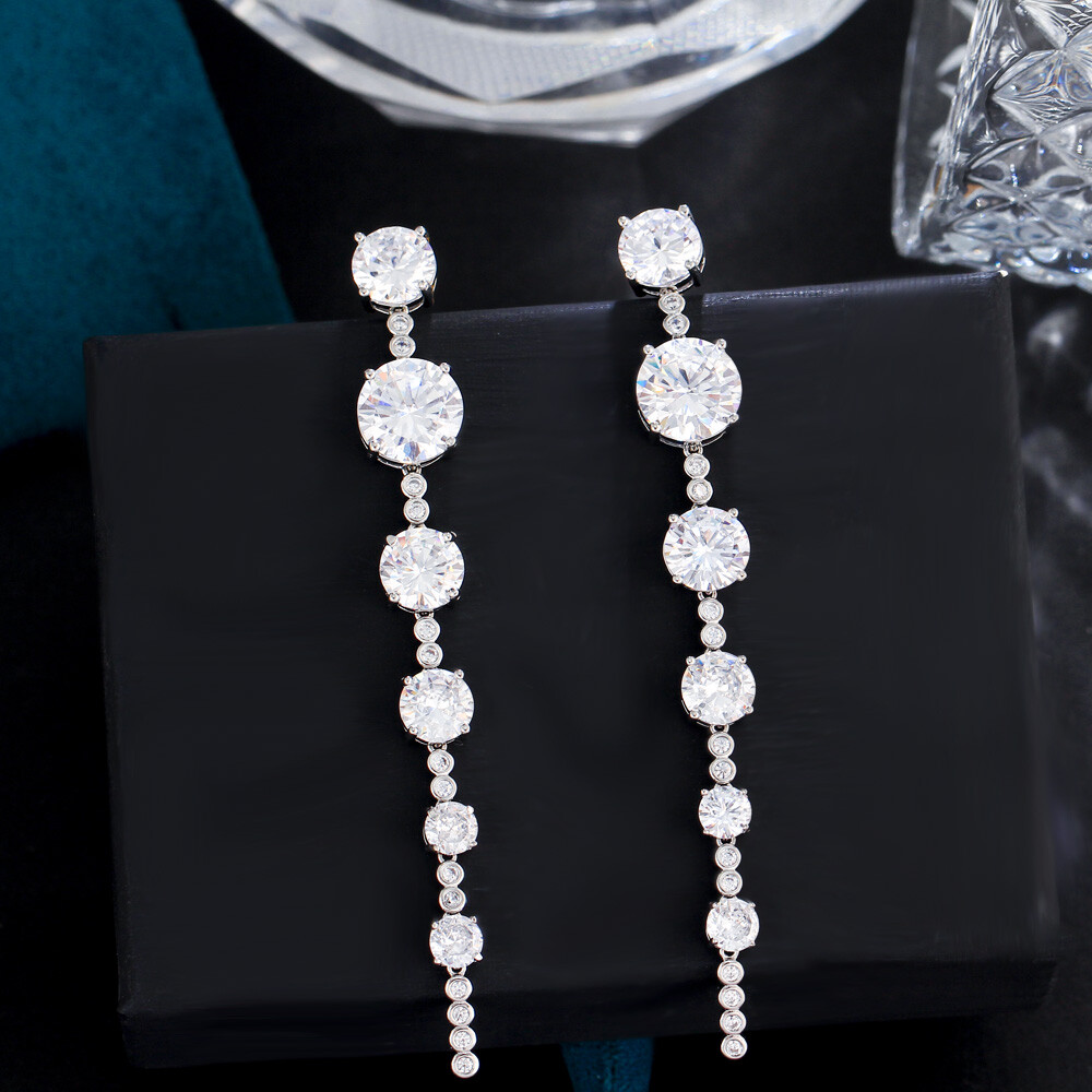 Gorgeous Round Cubic Zircon Silver Plated Long Dangle Drop Wedding Earrings Gift