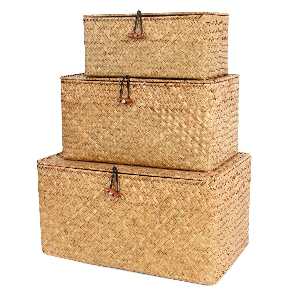 Wicker Shelf Baskets with Lids, Seagrass Storage Baskets Bins Rectangular Wov...