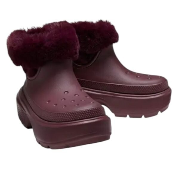 Crocs Stomp Lined Snow Boots Dark Cherry Ankle High Size 12W/10M Model 208718-6WD