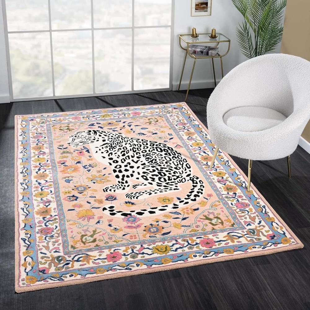 Handmade Cheetah Wool Area Rug - Traditional Animal Print Flowers Design Carpets