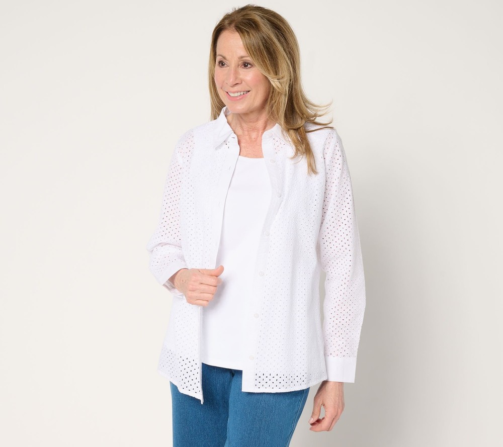Denim & Co. Women's Top Plus Sz 1X Cotton Button Front Eyelet White A685142