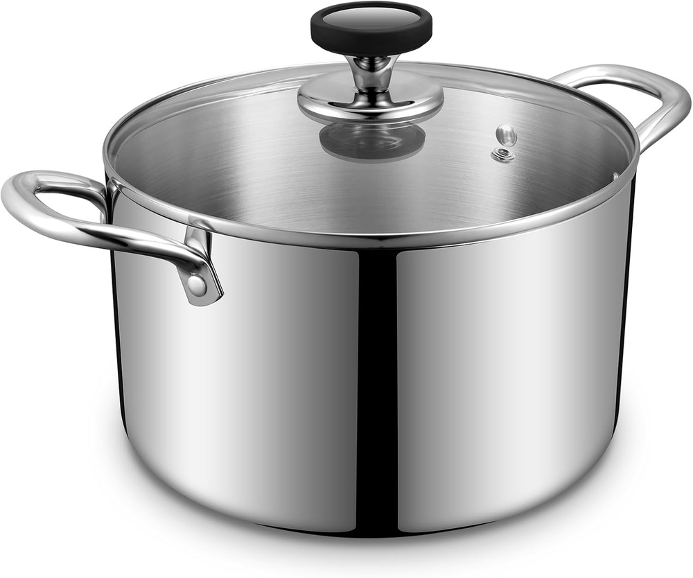 Tri-Ply Stainless Steel Stock Pot, 6.5 Quart Heavy Duty Induction Cooking Pot wi