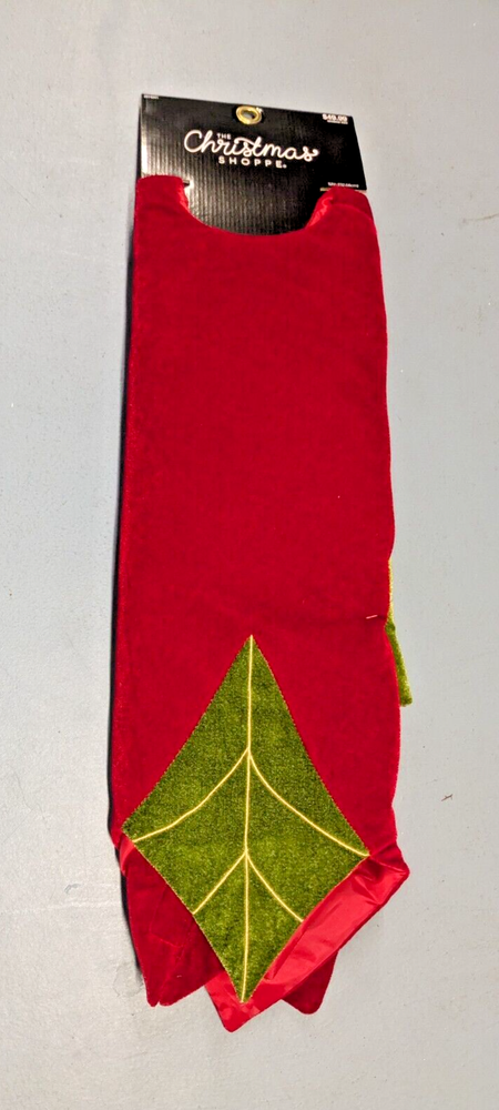 Red Velvet Poinsettia Christmas Tree Skirt with Green Leaves 52 Inch