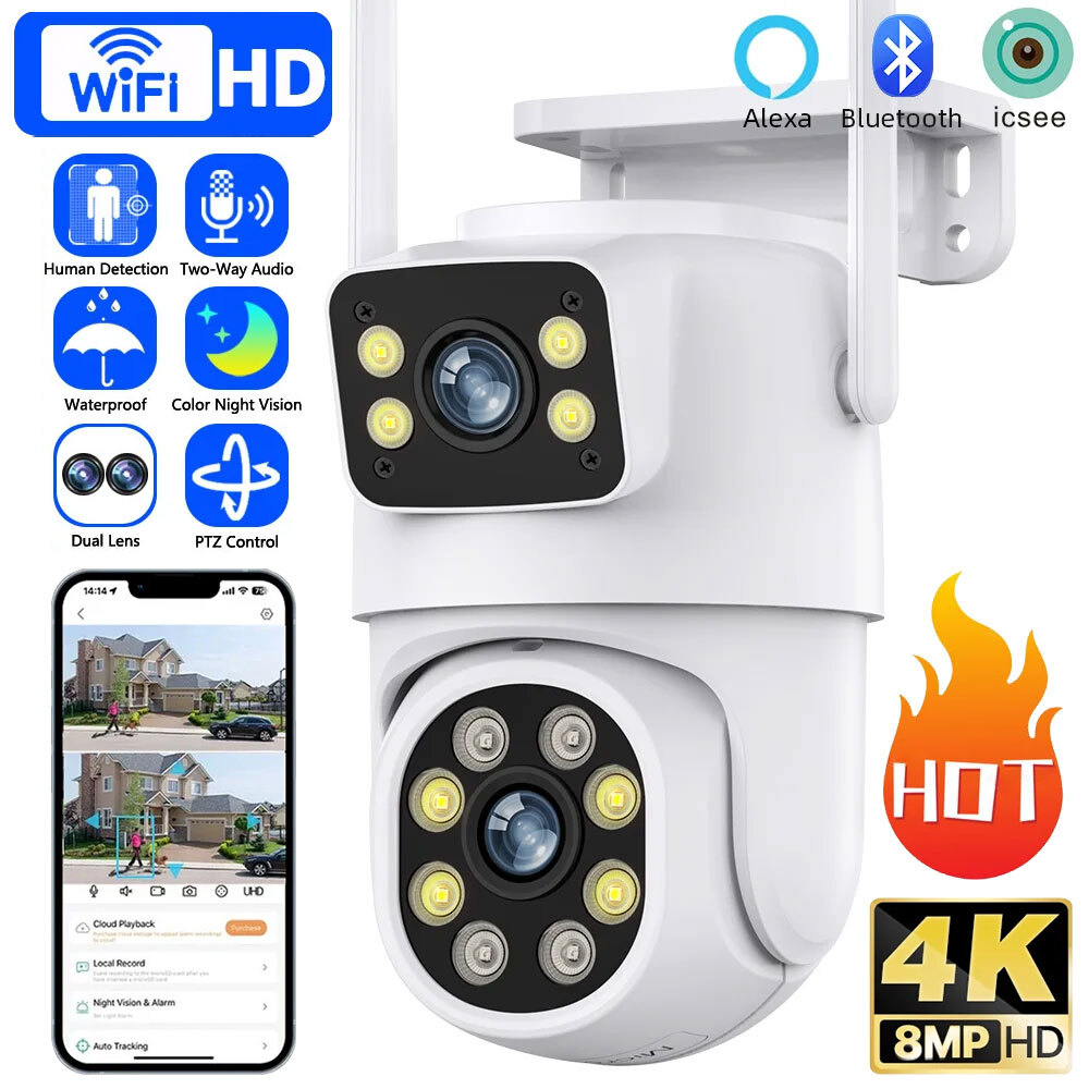 8MP 4K PTZ Wifi Camera Dual Lens with Dual Screen Auto Tracking Wireless Outdoor