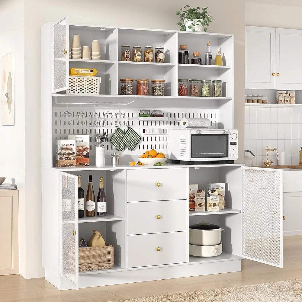 Large Kitchen Hutch Cabinet with 3 Metal Doors Storage Organizer