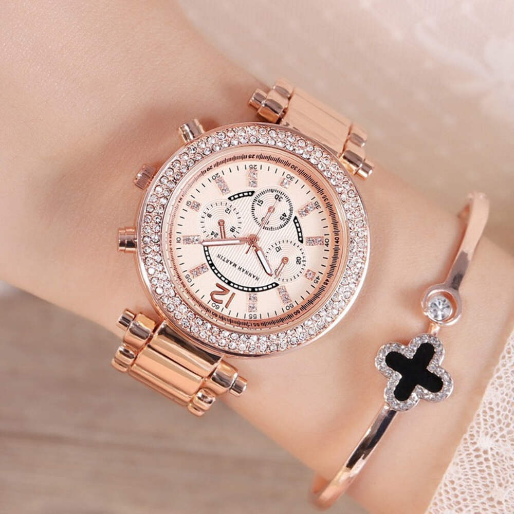 Diamond-Embellished Waterproof Quartz Women's Watch with Stainless Steel Strap