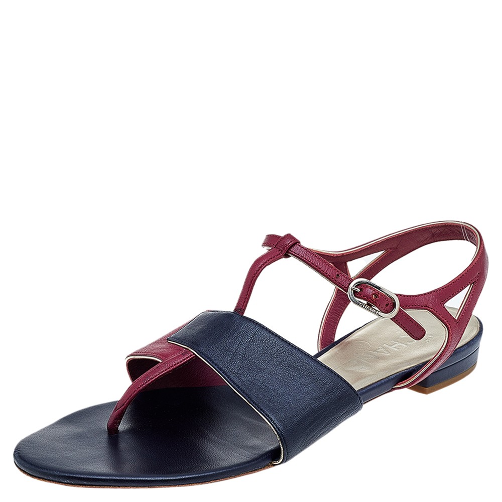 Chanel Burgundy Black Leather CC T-Strap Sandals Size 39.5 EU  