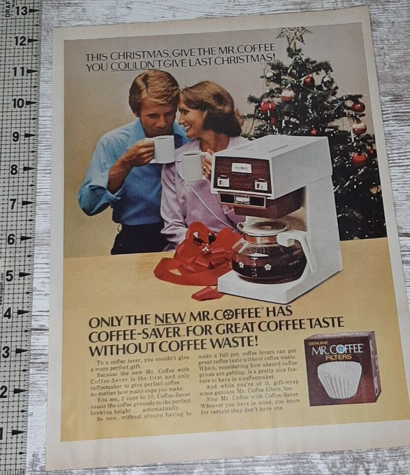 1976 Mr Coffee Vintage Print Ad Coffee Maker Christmas Gift Tree Ribbon Filter
