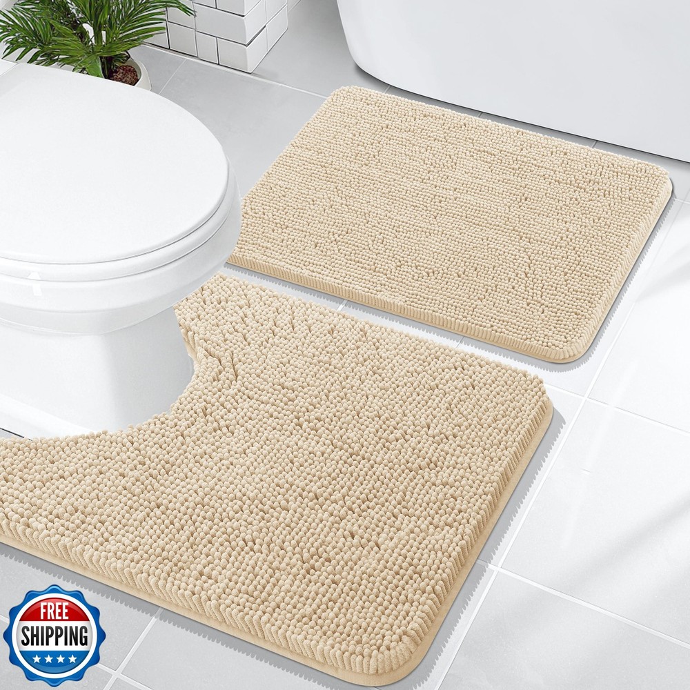 Soft Absorbent Chenille Bathroom Rug Set - 2-Piece U-Shaped Non-Slip Bath Mat