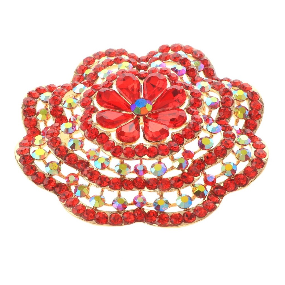 Gold Tone Alloy Metal Large Crystal Rhinestone Flower Brooch P1575-RED