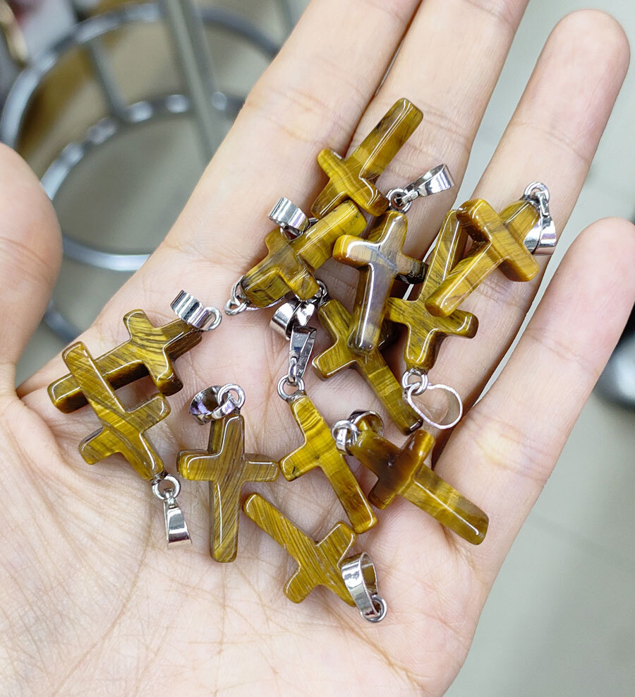 10pcs Natural Tiger eye Gems Cross Pendants Amulet stainless steel