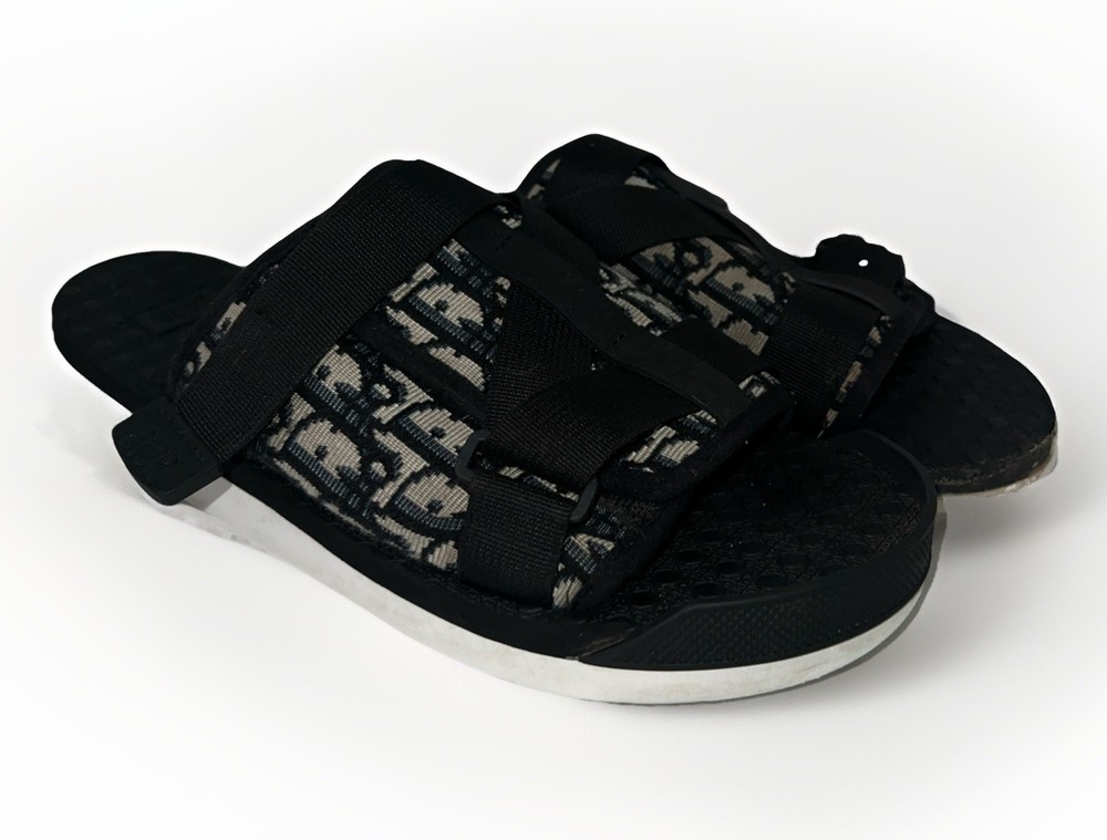 Dior Men Alpha Sandal Beige Black Oblique Jacquard Logo Slide Size 9 42