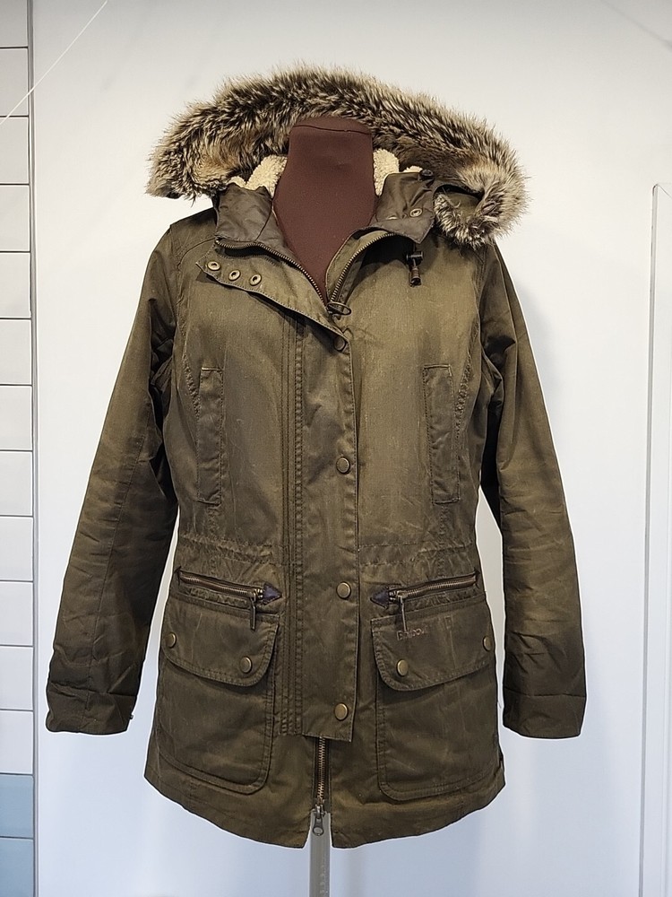 Barbour Kelsall Waxed Parka Jacket Detachable Fur Trim Womens UK 10 Coat Green