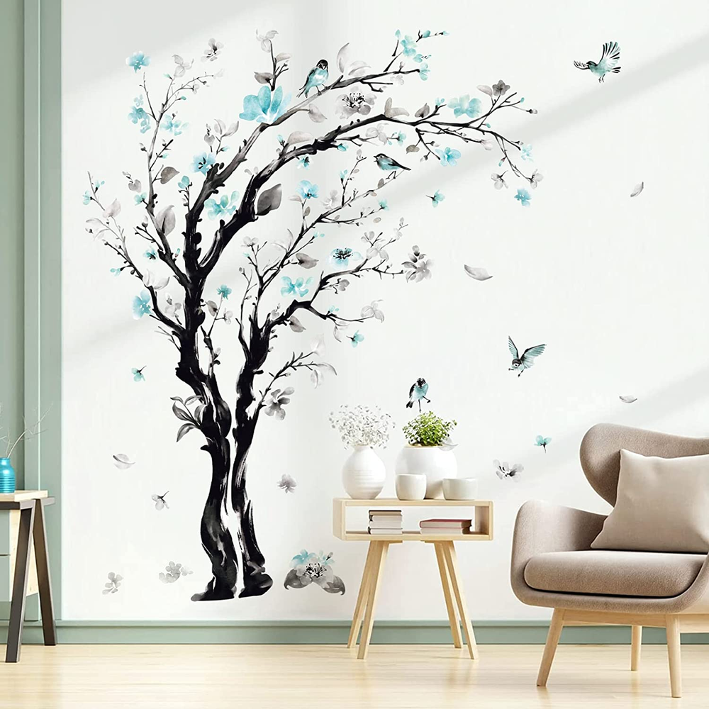 Large Watercolor Tree Wall Decals Blue Flower Branch Wall Stickers Living Room B