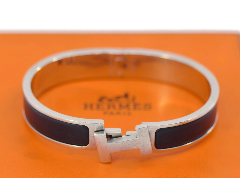 Hermes H Black Enamel Bangle Bracelet