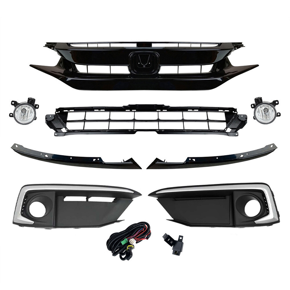 8pcs Front Upper Lower Grille Fog Lights Kits Fits Honda Civic Sedan 2019-2021