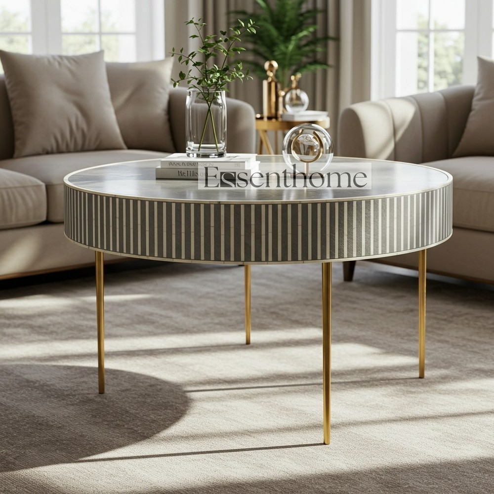 Essenthome Handmade Gray Floral Bone Inlay Round Coffee Table – Stylish Accent Piece