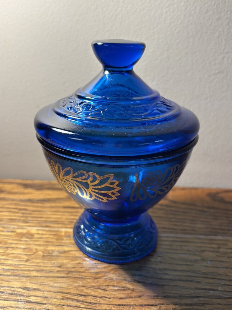 Vintage Westmoreland cobalt blue gold accent lidded candy dish 5 inch