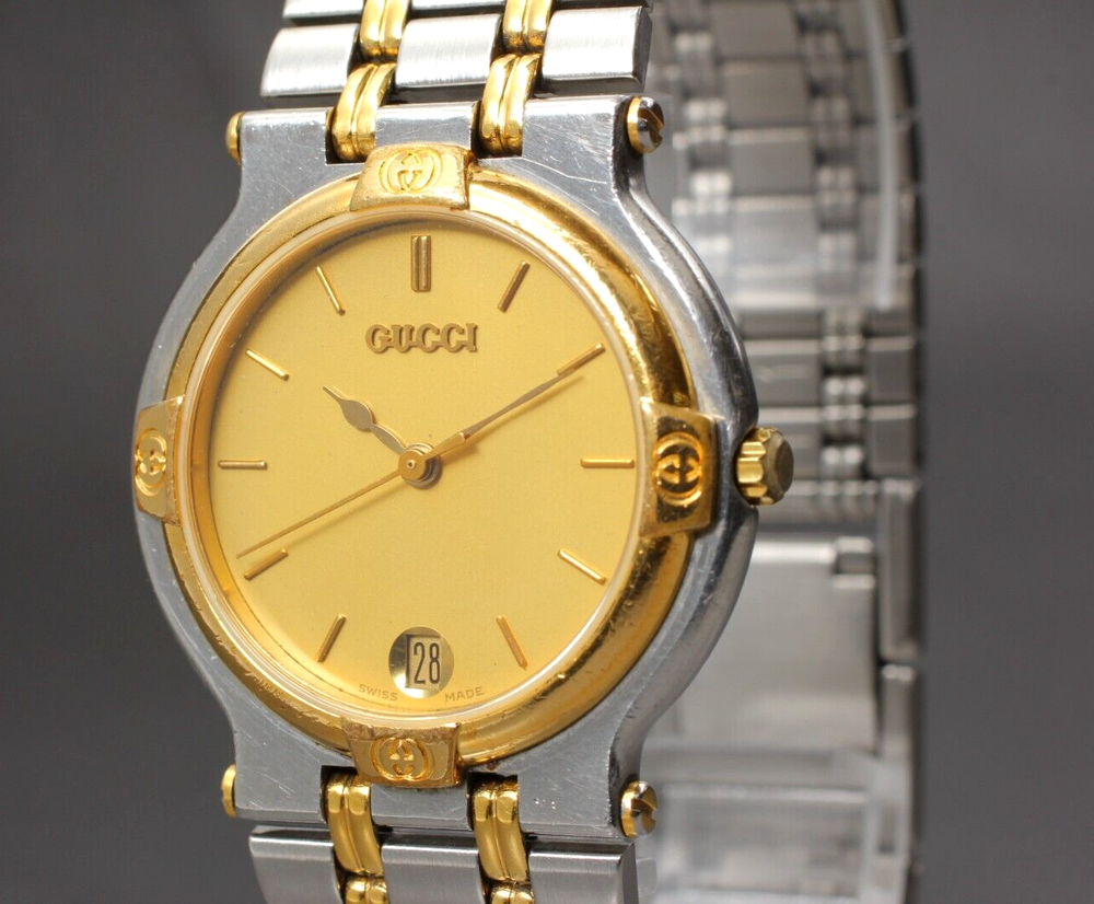 【NEAR MINT】 Gucci 9000M Gold Dial Silver Quartz Men's Vintage Watch From JAPAN