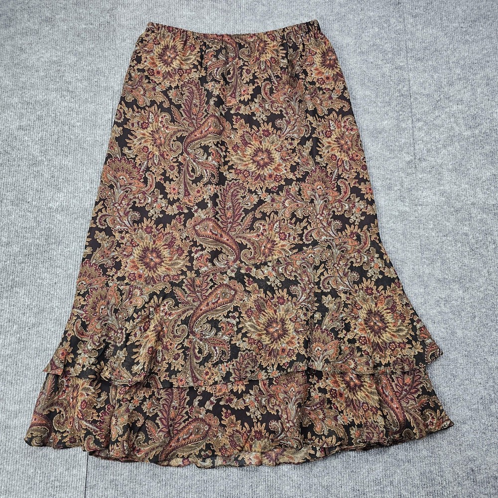 Coldwater Creek Skirt Womens Petite Medium Brown Paisley Floral Silk Lined Boho