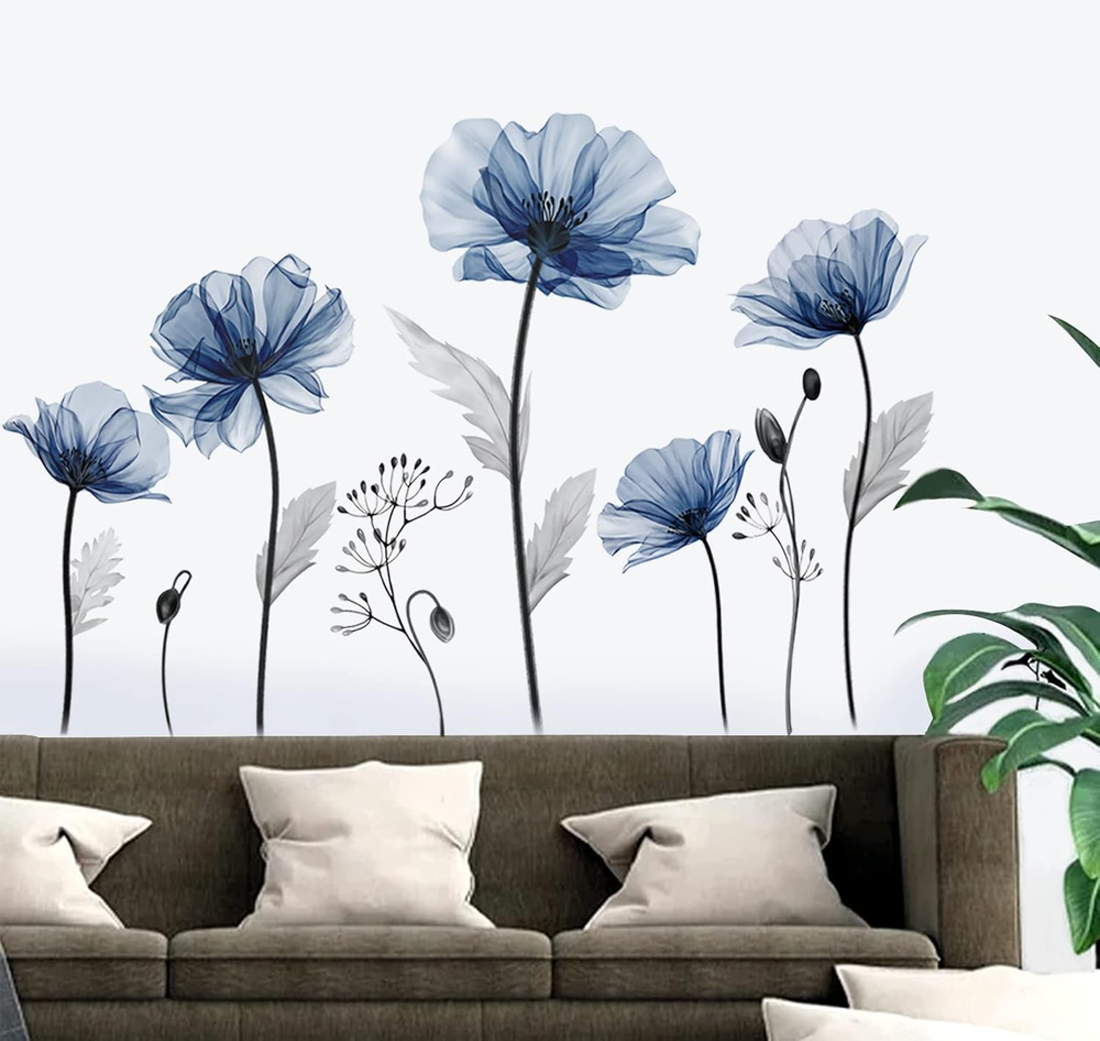 Blue Floral Wall Decals for Bedroom & Living Room Decor