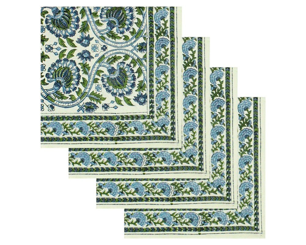 Colorful Indian Hand Block Printed Cotton Table Napkins in Green & Blue  