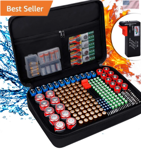 Battery Organizer, Fireproof Battery Organizer Storage Case with Tester (BT168),
