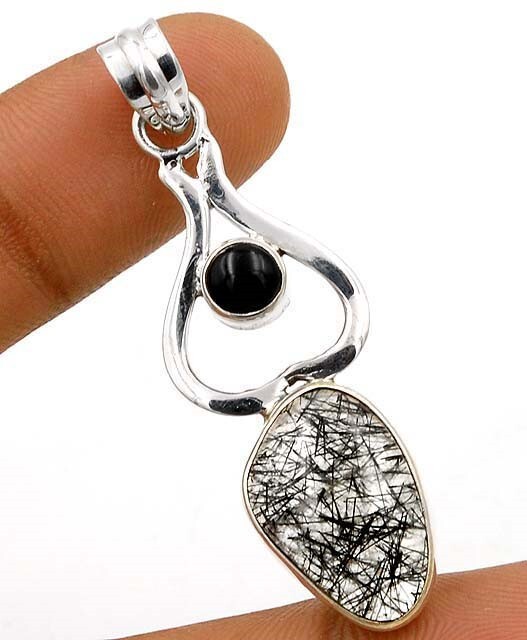Natural Black Rutilated Quartz Onyx Pendant in 925 Sterling Silver B19-1