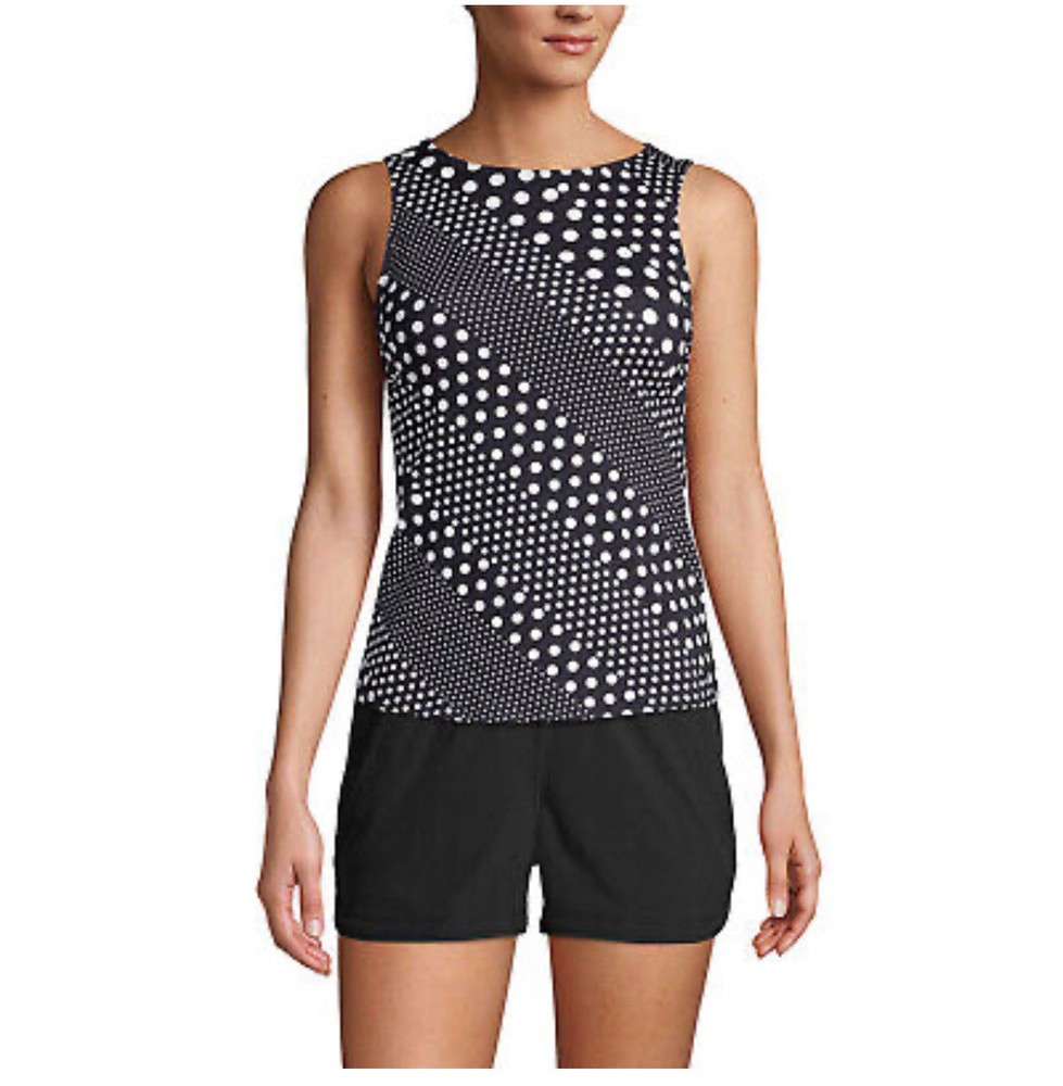 Lands End Swim High Neck UPF 50 Modest Tankini Top Black White Dot Size 16 D