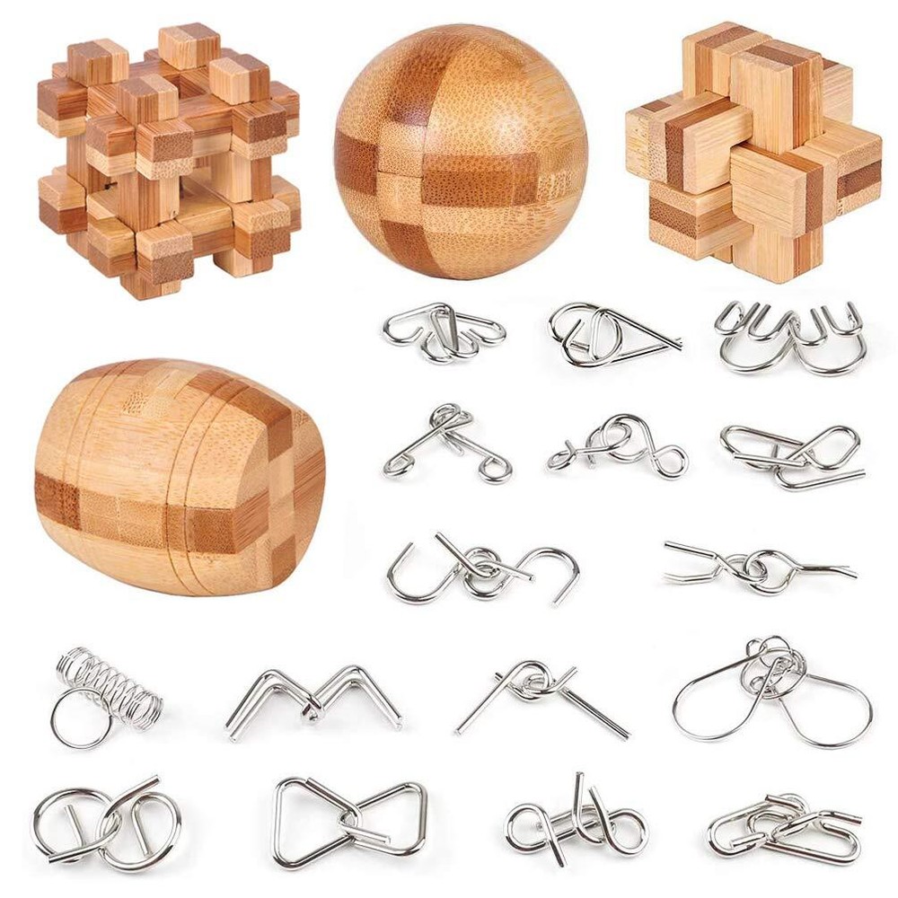 20-Piece Brain Teaser Set - 3D Wooden IQ Test Puzzles & Magic Ball for Adults