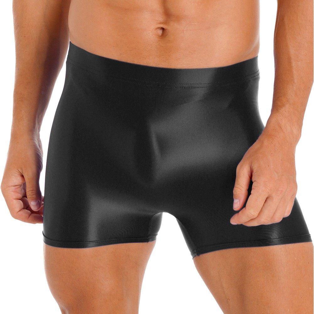Mens Shiny Sports Tights Shorts Oil Glossy Seamless Workout Compression Shorts