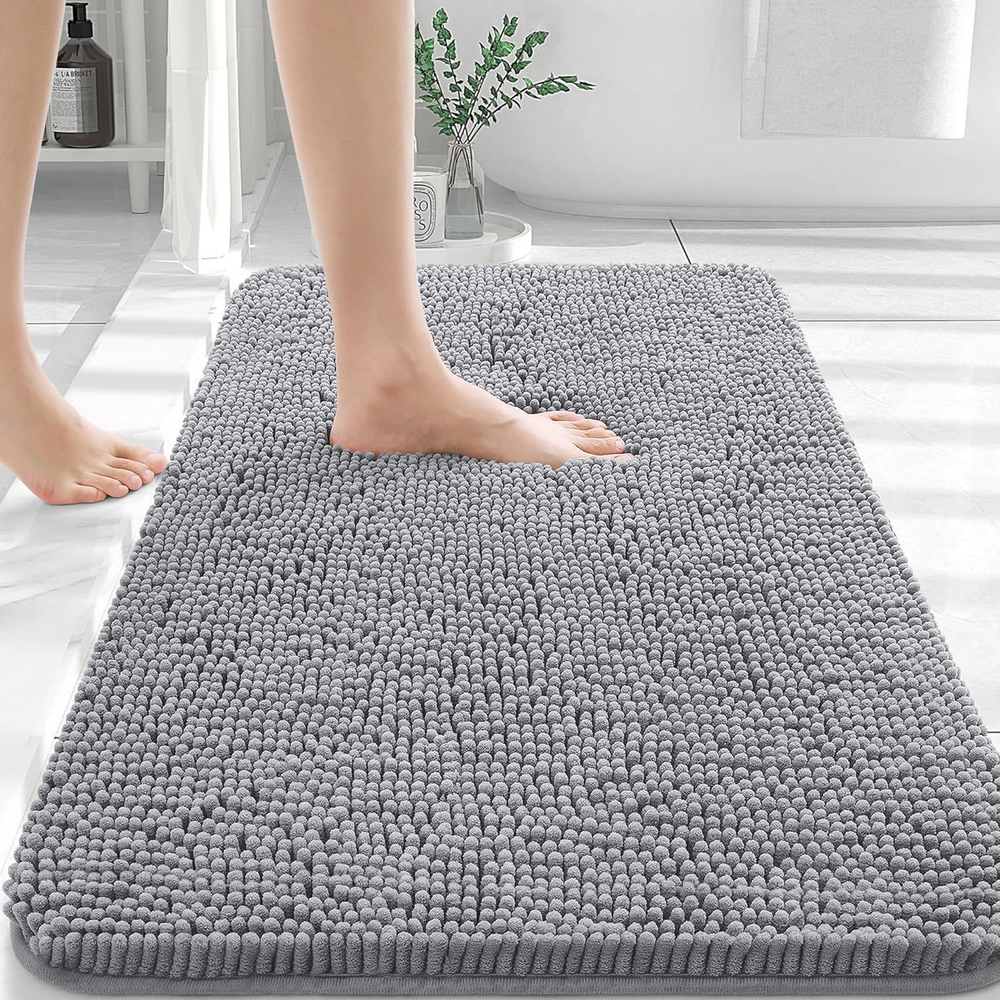 Soft Grey Chenille Bath Rug 30x20 – Absorbent Quick-Dry Mat with Non-Slip Rubber Back