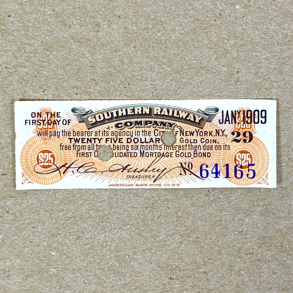 Antique 1909 SOUTHERN RAILWAY COMPANY Stock Bond Coupon - American Bank Note Co-image