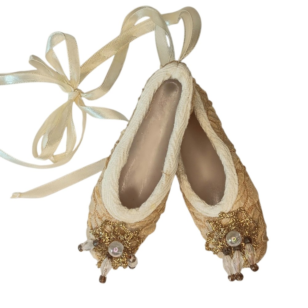 Ballet Slippers Toe Shoes Ornament Or Decor Gold Fabric Embellished & Ribbon 4.5
