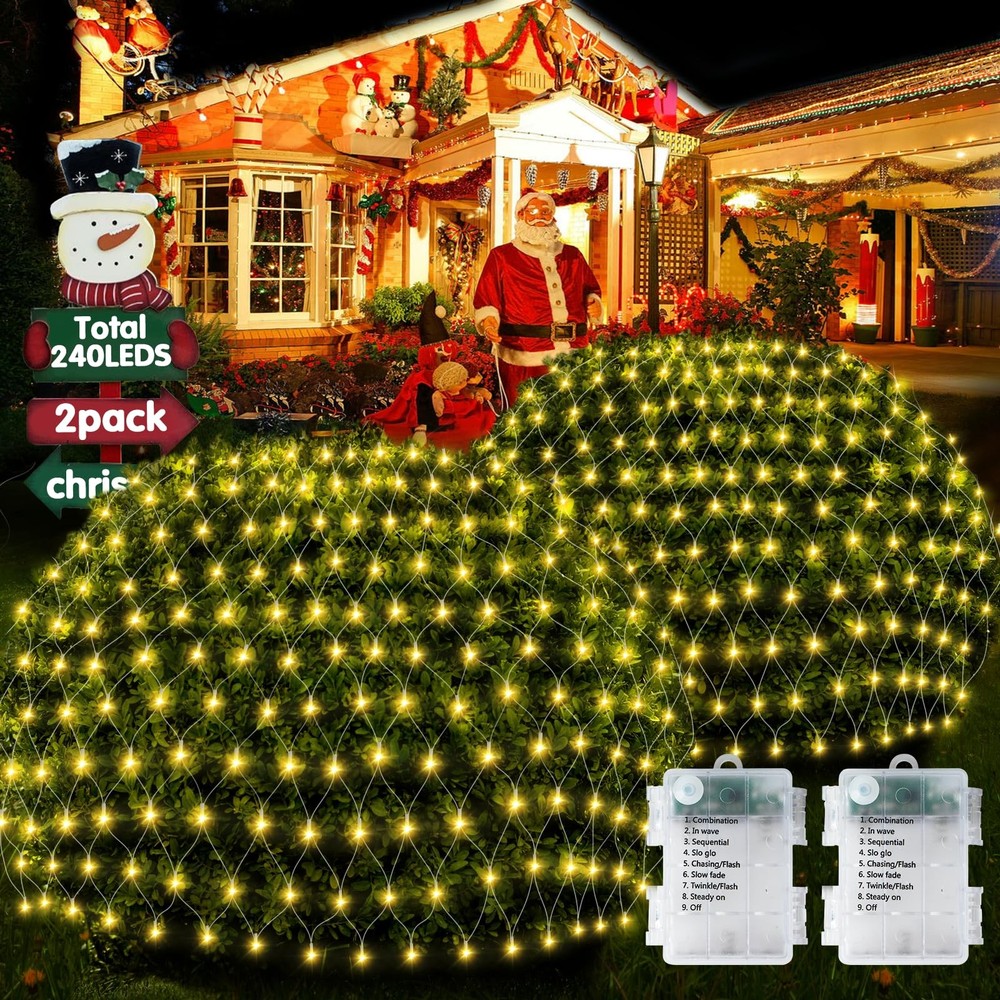 2 Pack 240LED Christmas Net Lights - Battery Operated Waterproof Mesh Decor