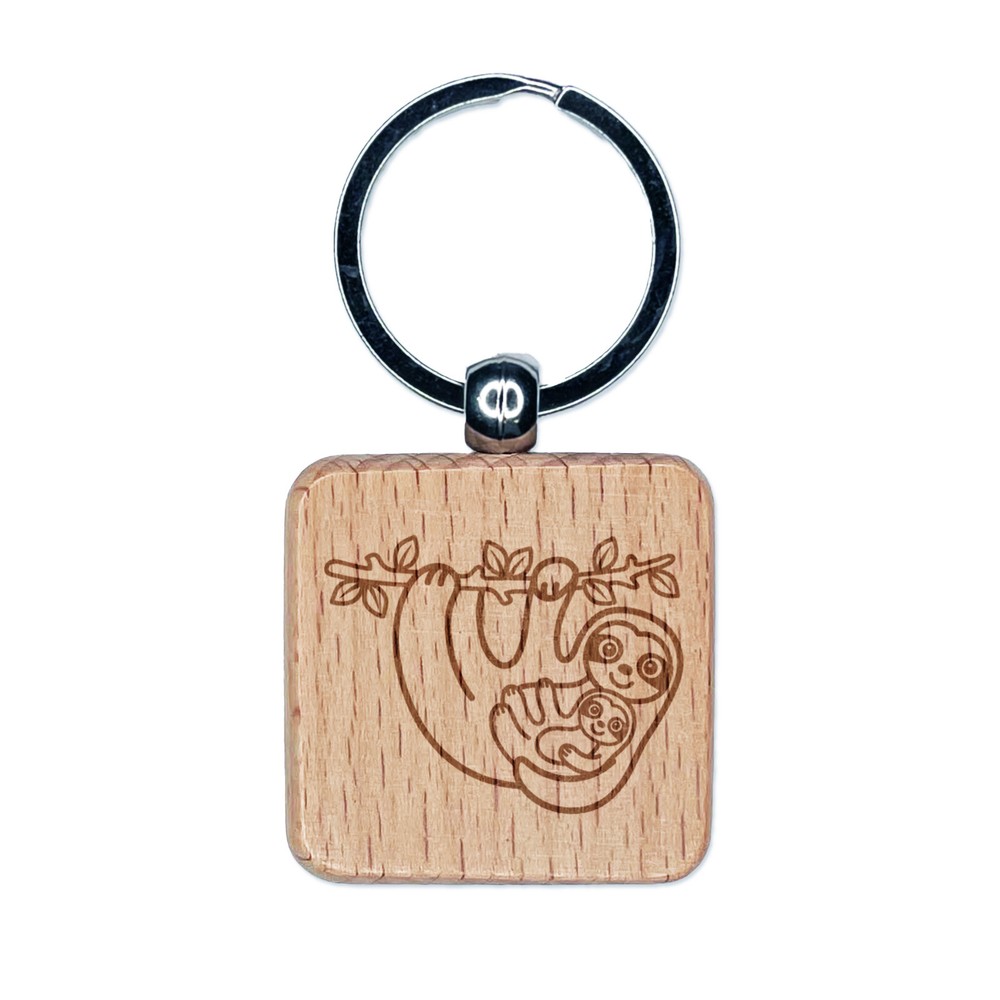 Mother and Baby Sloth Engraved Wood Square Keychain Tag Charm