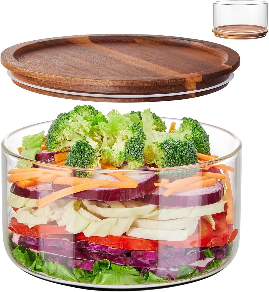Large 106oz Glass Salad Bowl with Acacia Wood Lid – Versatile Serving Dish