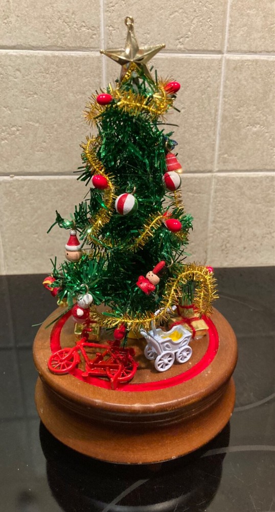 Musical Mini Christmas Tree On Wood Stand Moveable toys and Ornaments -No Lights
