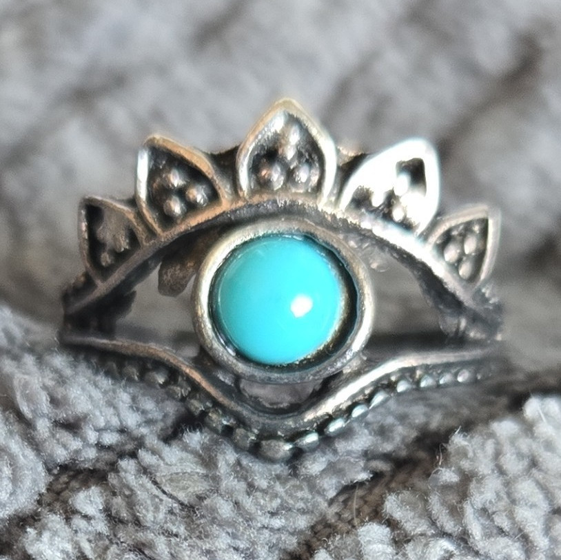 Silver Tone Eye Band Ring Round Blue Stone Bezel Setting Metal Size 6