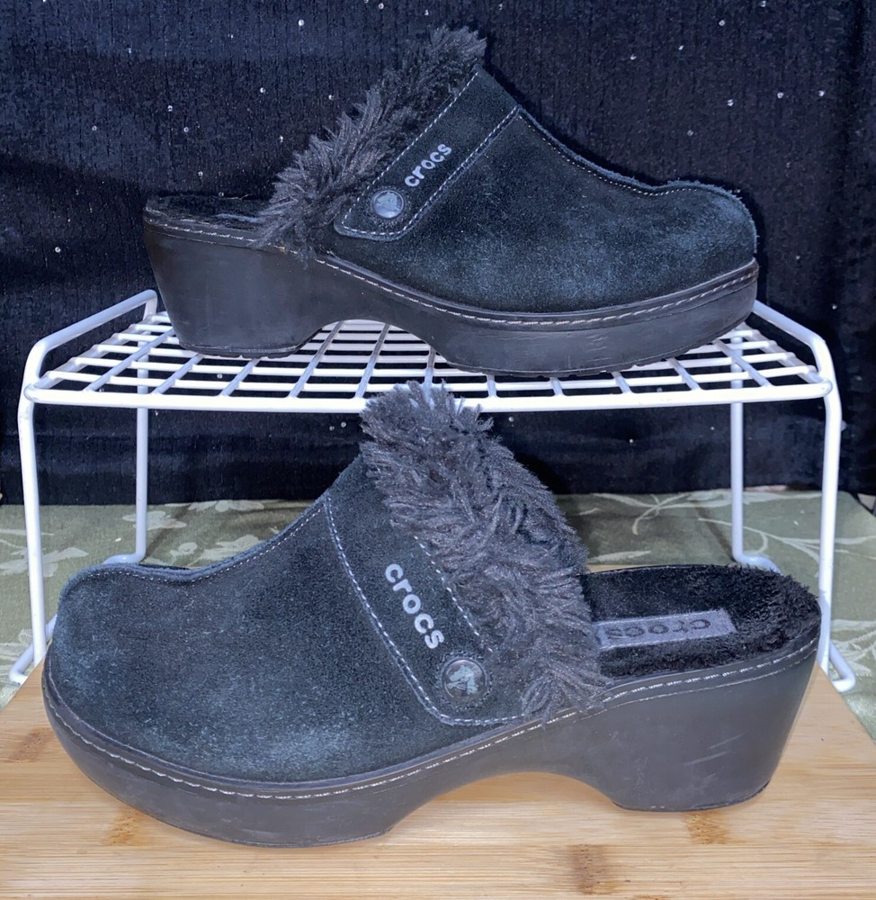 Black Suede Leather Faux Fur Lined Crocs Cobbler Mules Clog for Women Size 9